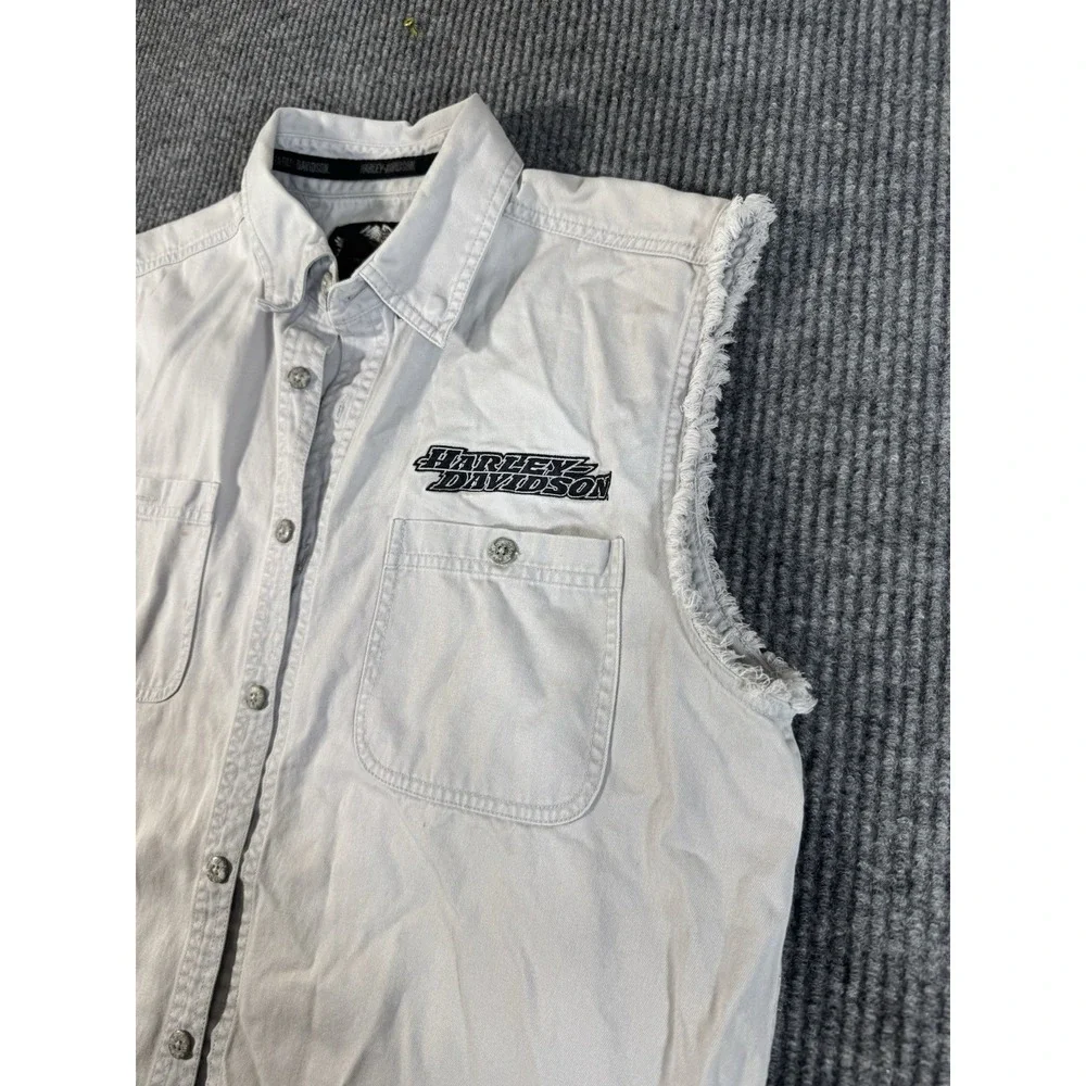 Harley-Davidson Sleeveless Frayed Edge‎ Button-Down Vest White 100% Cotton Large